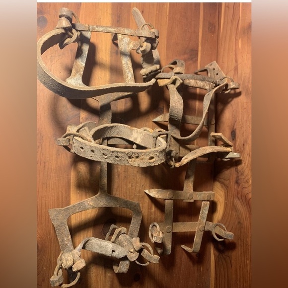 Other - Vintage Pair Of Crampons Military Ice Cleats With Leather Strapping- Militaria